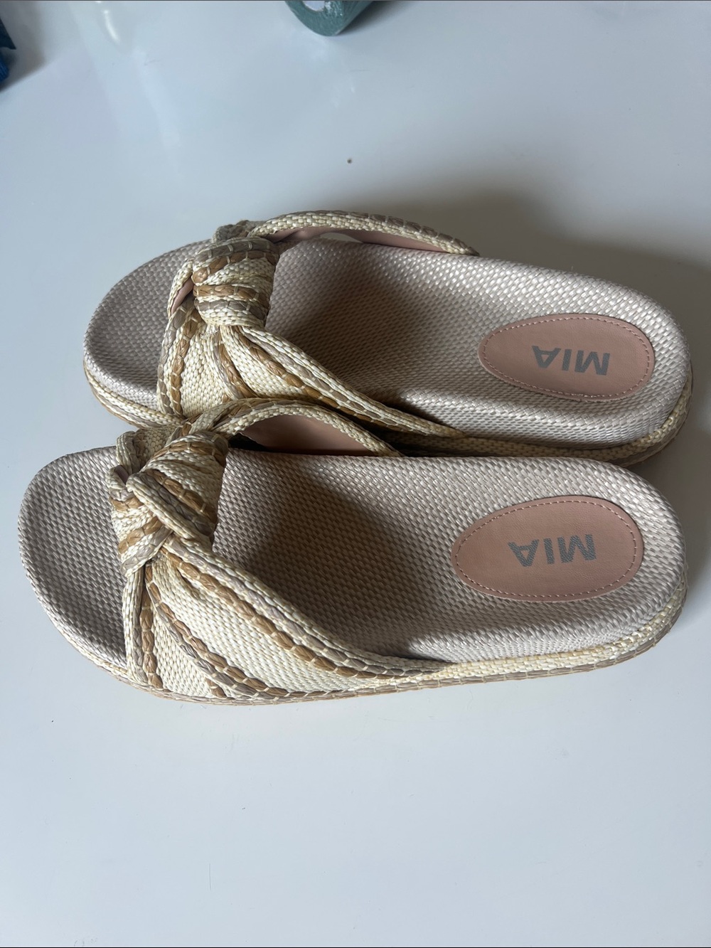 MIA Knotted Slide Sandals in Beige and Light Tan